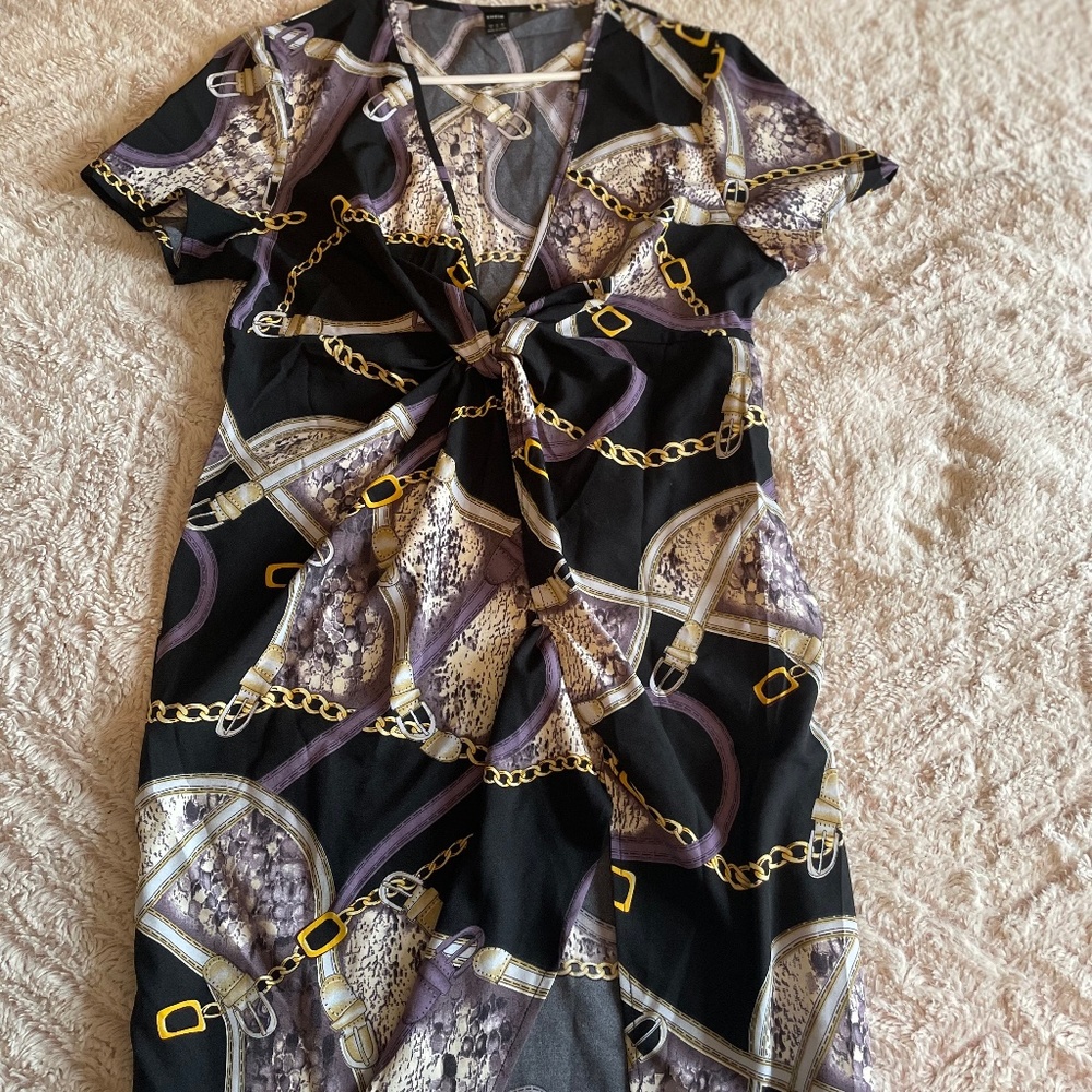 SHEIN chain print fitted twist dress in purple